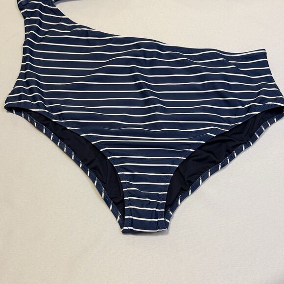 NWT J Crew Cutout One Shoulder One Piece Swimsuit Navy Blue White Stripe Swim 24 - Picture 8 of 15